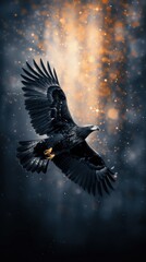 Fototapeta premium A majestic bird in flight against a dramatic, blurred background, showcasing its powerful wings and dynamic movement.