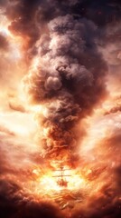 A dramatic scene depicting a ship engulfed by fiery clouds and smoke, suggesting chaos and destruction.