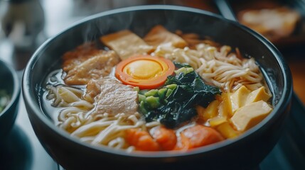 A bowl of nabemono, a Japanese hot pot filled with vegetables, tofu, and thinly sliced meat, simmered in a flavorful broth.


