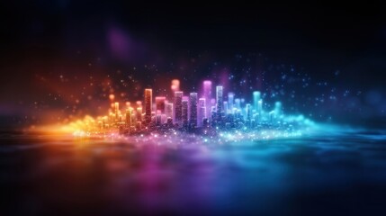 A vibrant, abstract cityscape illuminated by colorful lights, creating a dreamy atmosphere against a dark backdrop.