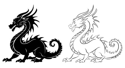 Vector set of dragon silhouette clip art. Chinese zodiac. Collection of black silhouette and outline dragon isolated from background. Mythological fairytale monster for tattoo and sticker.