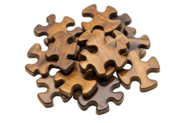 Beautiful handcrafted wooden puzzle pieces stacked on each other creating a rustic appearance