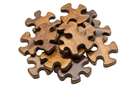 Beautiful handcrafted wooden puzzle pieces stacked on each other creating a rustic appearance
