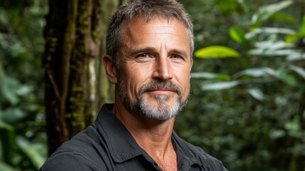 Fototapeta premium Stylish bearded man in black shirt, a portrait against simple backdrop for classic and masculine look
