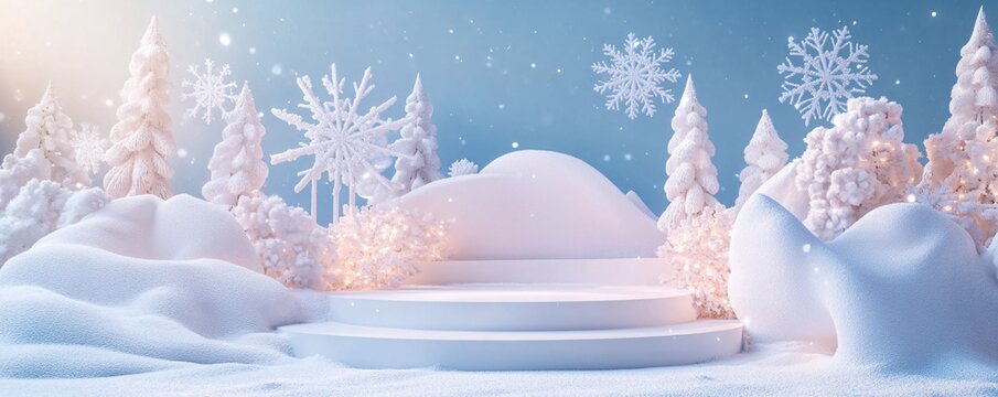 Christmas podium in snowy winter wonderland with falling snowflakes