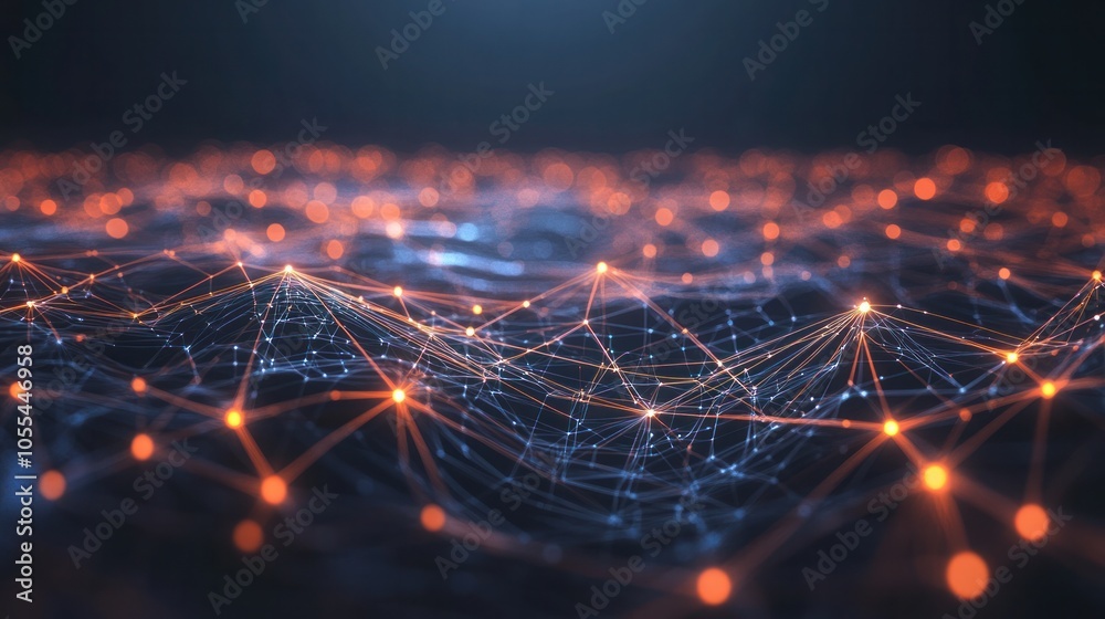 Poster a futuristic digital landscape featuring interconnected blockchain data fields, with vibrant streams