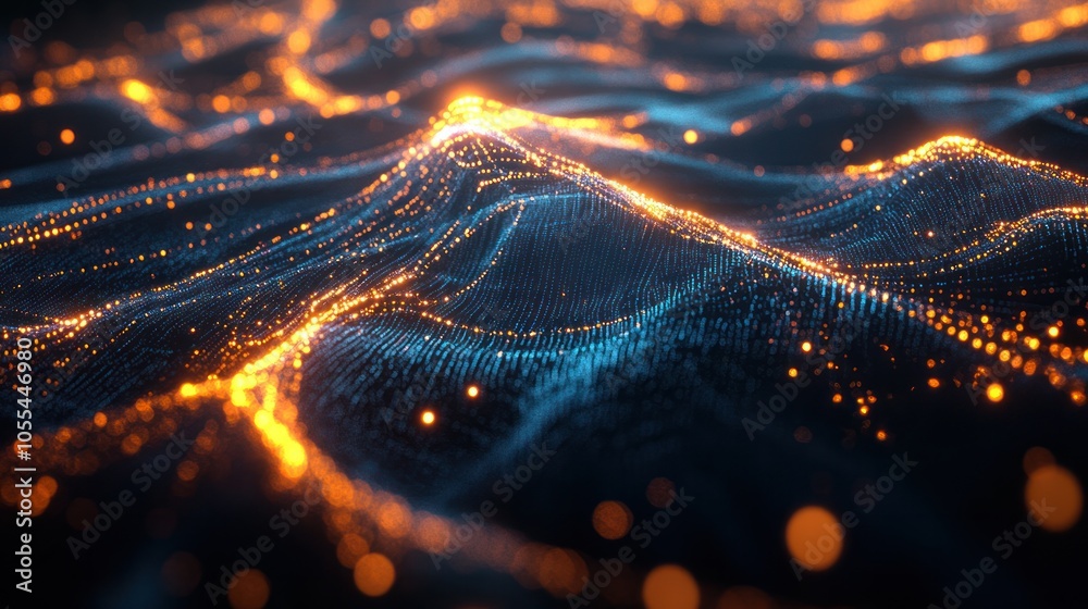 Poster a futuristic digital landscape featuring interconnected blockchain data fields, with vibrant streams