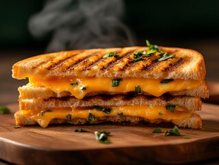 Grilled sourdough panini with melted cheese, herbs, rustic plate, Sourdough panini, comforting sandwich concept