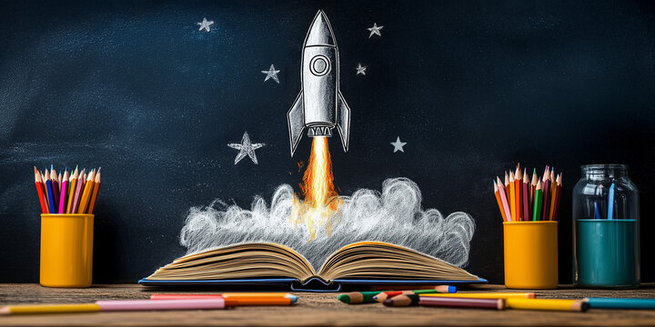 Kreidezeichnung einer startende Rakete symbolisiert einen erfolgreichen Schulstart