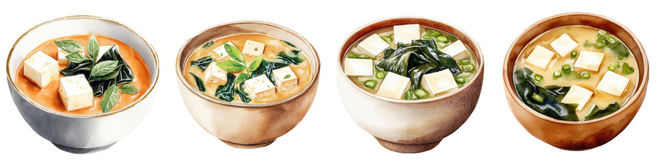 A vibrant display of four bowls of miso soup, each featuring fresh greens, silken tofu, and flavorful broth, showcasing the variety of this classic dish.