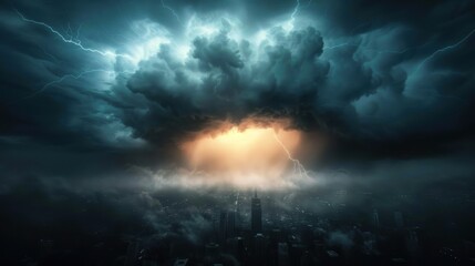 A dramatic sky filled with dark clouds and a bright light breaking through, hinting at an impending storm over a city skyline.