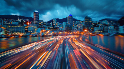 Fototapeta premium Abstract Motion Speed Effect Over Wellington City Skyline at Night