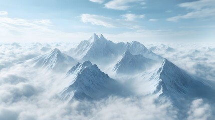 A dramatic view of a mountain range with sharp peaks rising above the clouds