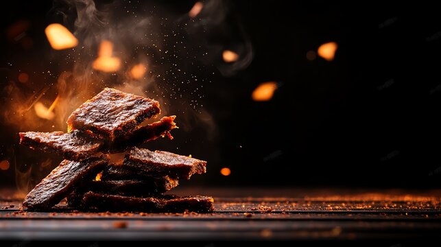 Highprotein beef jerky bites, dark wooden background, Beef jerky, protein snack