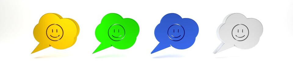 Colorful Speech bubble with smile face icon isolated on white background. Smiling emoticon. Happy smiley chat symbol. Minimalism concept. 3D render illustration