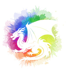 Vector illustration of a white dragon silhouette on a rainbow watercolor background. Silhouette of a mythological creature on multicolored watercolor splashes for card and banner