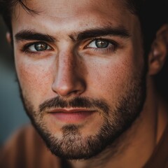 Obraz premium Portrait shot of a man with deep blue eyes, strong features and a focused expression, exuding intensity.
