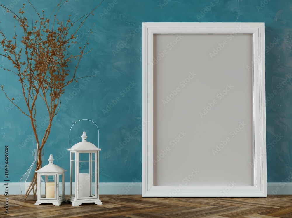 Wall mural blank white picture frame mockup on blue wall with decorative lanterns and dried flower arrangement