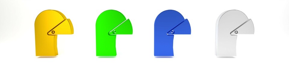 Colorful Medieval iron helmet for head protection icon isolated on white background. Minimalism concept. 3D render illustration