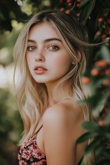 Naklejka premium A serene portrait of a young woman with natural beauty, captured amidst vibrant greenery and ripe berries, evoking a sense of tranquility and connection with nature.