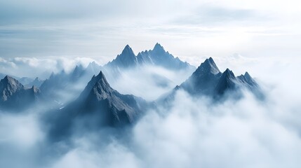 A dramatic view of a mountain range with sharp peaks rising above the clouds
