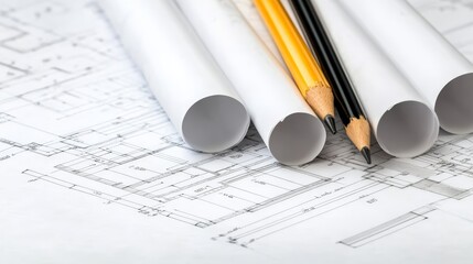 Detailed blueprint with pencil and shavings, architectural design engineering project visualization