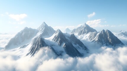 A dramatic view of a mountain range with sharp peaks rising above the clouds