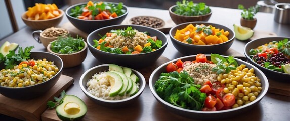 Freshly prepared vegetarian food, featuring a balanced mix of vegetables, proteins, and herbs, ready to be served in a cozy cafe
