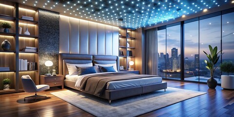 Fototapeta premium Futuristic Bedroom with Interactive Headboard and Sleek Storage Units in Contemporary Style - Bokeh Effect