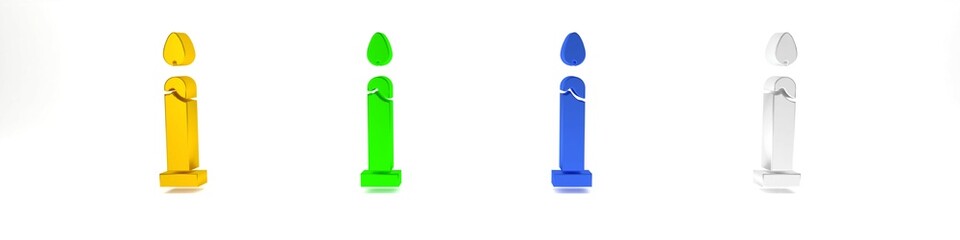 Colorful Burning candle icon isolated on white background. Cylindrical candle stick with burning flame. Minimalism concept. 3D render illustration