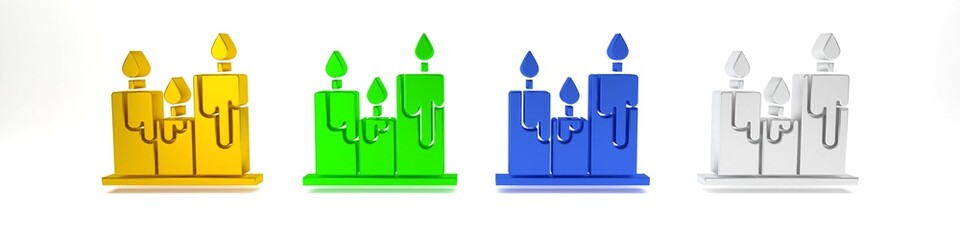 Colorful Burning candles icon isolated on white background. Cylindrical candle stick with burning flame. Minimalism concept. 3D render illustration