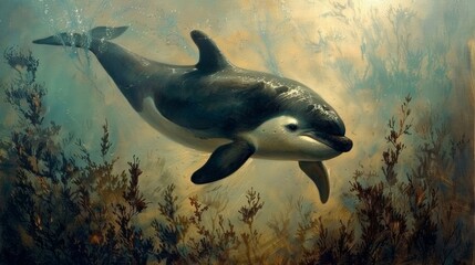 Dolphin swimming through seaweed underwater ocean painting