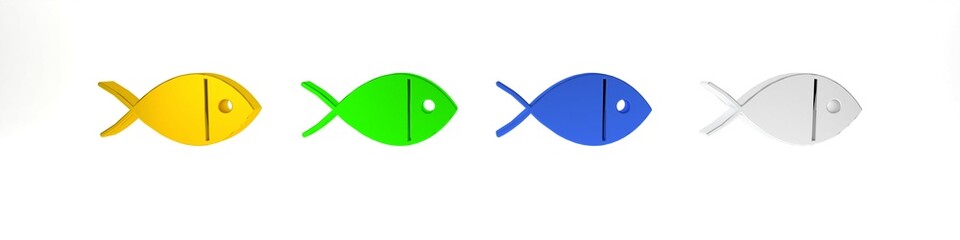 Colorful Christian fish symbol icon isolated on white background. Jesus fish symbol. Minimalism concept. 3D render illustration