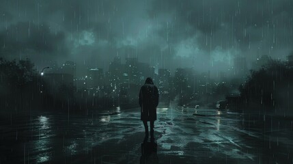 Fototapeta premium Silhouette of Person in Rain Cityscape Night Rainy Weather Dark Mood Street