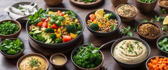 Freshly prepared vegetarian food, featuring a balanced mix of vegetables, proteins, and herbs, ready to be served in a cozy cafe