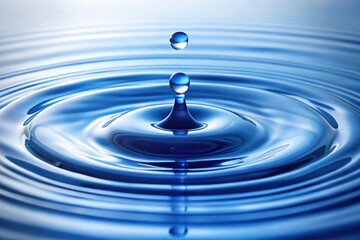 Blue fluid gently forms droplets as it drips onto a smooth, reflective white background, creating subtle ripples and light effects., droplets, serenity, pristine, smooth