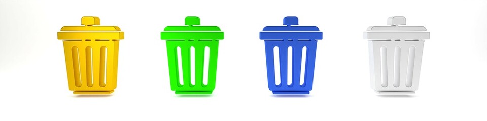 Colorful Trash can icon isolated on white background. Garbage bin sign. Recycle basket icon. Office trash icon. Minimalism concept. 3D render illustration