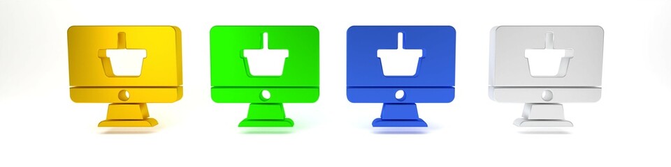 Colorful Computer monitor with shopping basket icon isolated on white background. Online Shopping cart. Supermarket basket symbol. Minimalism concept. 3D render illustration