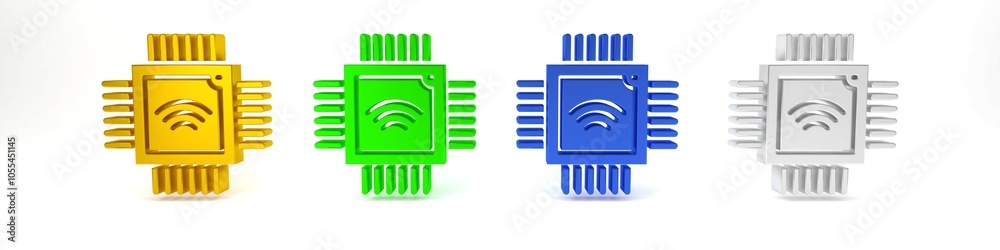 Poster Colorful Computer processor with microcircuits CPU icon isolated on white background. Chip or cpu with circuit board. Micro processor. Minimalism concept. 3D render illustration
