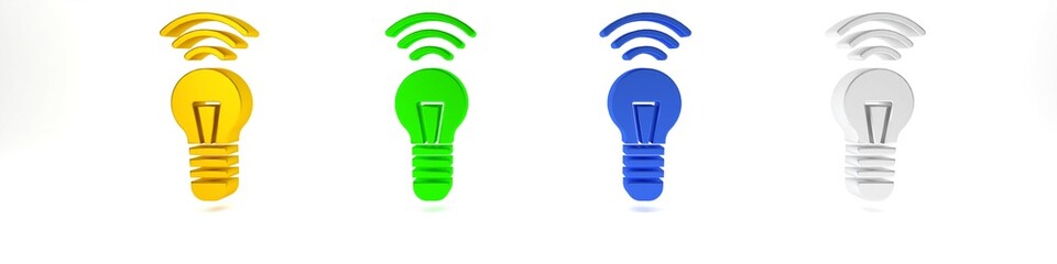 Colorful Smart light bulb system icon isolated on white background. Energy and idea symbol. Internet of things concept with wireless connection. Minimalism concept. 3D render illustration