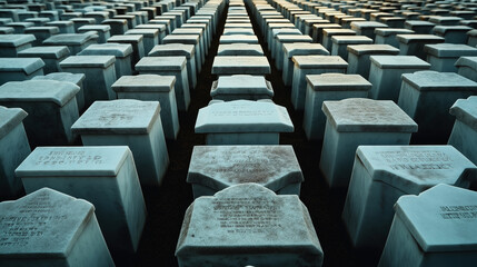 Rows of white stone tombstones in a cemetery, with engraved inscriptions, creating a solemn and orderly pattern under subdued lighting.