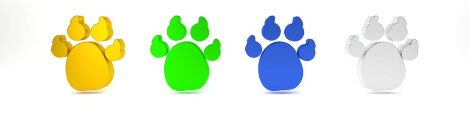 Colorful Paw print icon isolated on white background. Dog or cat paw print. Animal track. Minimalism concept. 3D render illustration