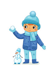 A small, cute boy character is holding a rolled-up ball of snow, snowball, with a snowman standing by his feet. Vector illustration in cartoon style with a child.