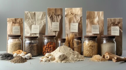 Organic Food Ingredients in Glass Jars with Brown Paper Bags and Natural Elements
