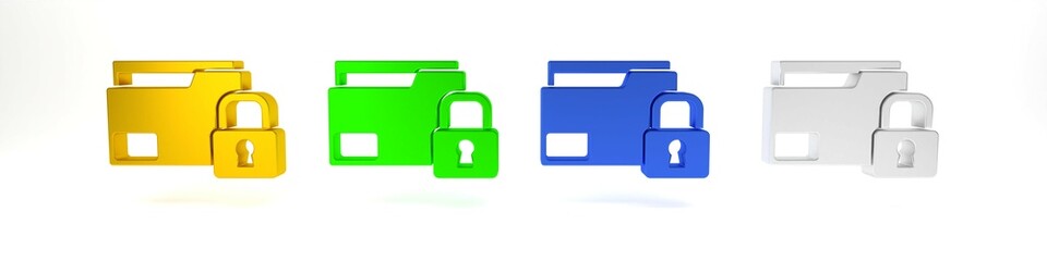Fototapeta premium Colorful Folder and lock icon isolated on white background. Closed folder and padlock. Security, safety, protection concept. Minimalism concept. 3D render illustration