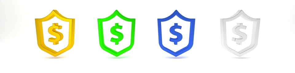 Colorful Shield with dollar symbol icon isolated on white background. Security shield protection. Money security concept. Minimalism concept. 3D render illustration