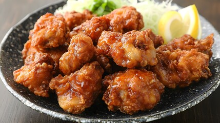 Fototapeta premium A plate of karaage, Japanese-style fried chicken, marinated in soy sauce, ginger, and garlic, crispy and juicy.