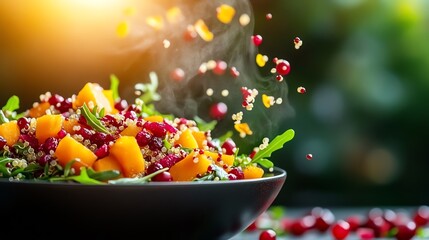 Pumpkin and quinoa salad with arugula and cranberries, fiber and vitaminpacked, fall colors, festive and nutrientdense