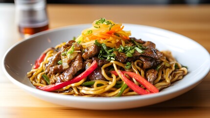 A plate of yaki soba, stir-fried noodles with vegetables, meat, and a savory sauce, garnished with pickled ginger.

