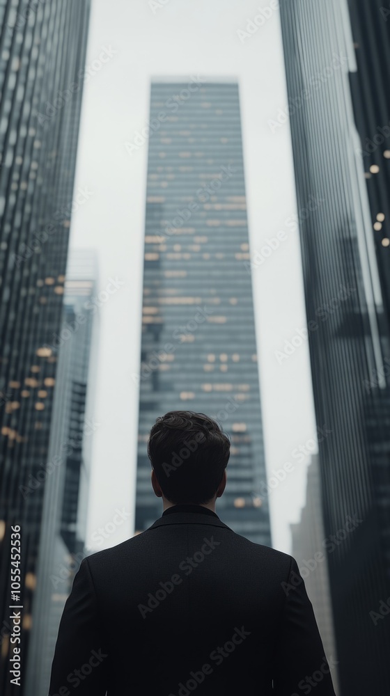 Poster a man in a suit stands in front of a tall building